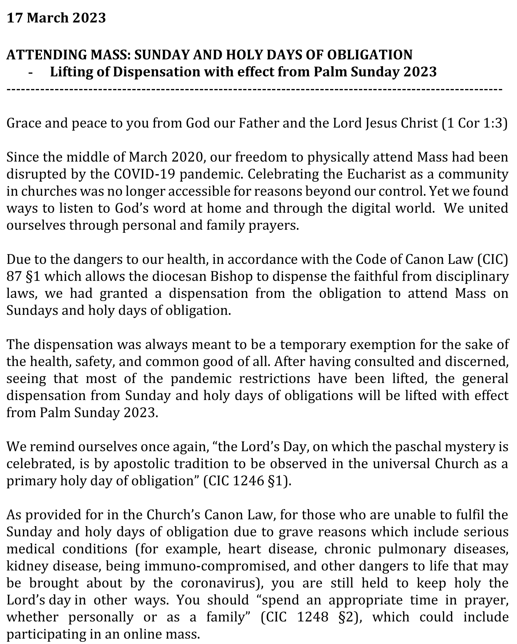 Attending Mass Lifting of Dispensation with effect from Palm Sunday