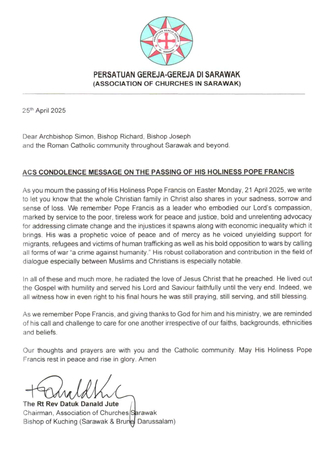 ACS sends condolence message to Catholic Bishops and community on death