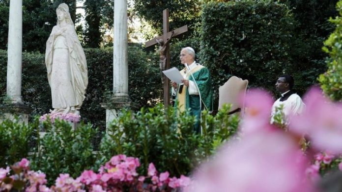 Pope Leo XIV delivers his homily at the first Mass for the Care of Creation in the papal residence in Castel Gandolfo (@Vatican Media)